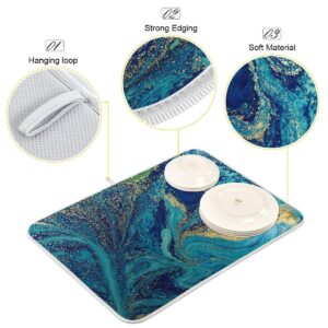 Marble Texture Blue Golden Dish Drying Mat 18x24 Inch Teal Turquoise Marbled Print Kitchen Counter Drying Mat Microfiber Dish Drying Rack Pad Reversible Dish Drainer Mats Washable Heat-Resistant