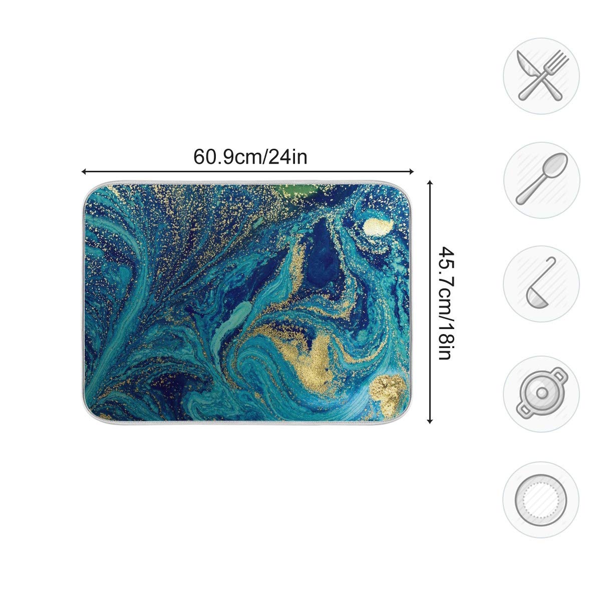 Marble Texture Blue Golden Dish Drying Mat 18x24 Inch Teal Turquoise Marbled Print Kitchen Counter Drying Mat Microfiber Dish Drying Rack Pad Reversible Dish Drainer Mats Washable Heat-Resistant