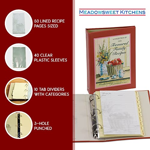 Meadowsweet Kitchens Treasured Family Journal Recipe Binder - Cookbook Organizer, Blank Notebook w/ 50 Lined Recipe Pages, 40 Clear Plastic Sleeves & 10 Dividers, 9 x 6 1/2 x 1 7/8 Inch, Red & Yellow