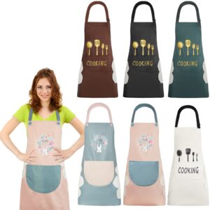 6 Pcs Kitchen Apron for Women with Pockets Cute Aprons with Hand Wipe Waterproof Cooking Aprons Adjustable Soft Apron with Big Pocket for Dishwashing, Cooking Baking