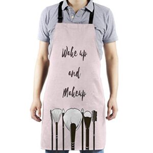 HGOD DESIGNS Makeup Kitchen Apron,Inspirational Quote Wake Up And Makeup Pink Kitchen Aprons For Women Men For Cooking Gardening Adjustable Home Bibs,Adult Size