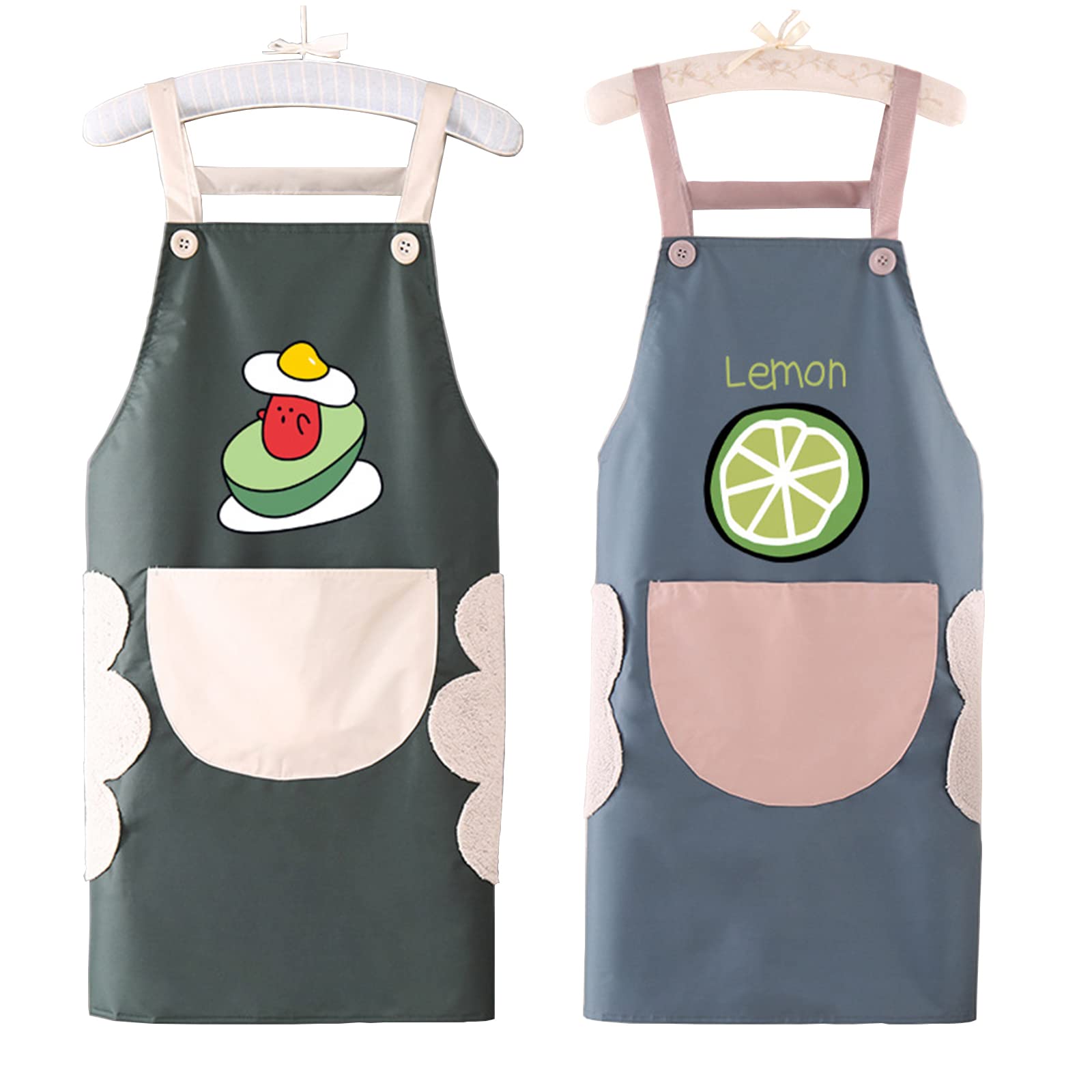 2 Pack Kitchen Cooking Aprons, Waterproof Bib with Large Pockets Hand Wipe Aprons，Adjustable Bib Soft Chef Apron，for Women Men Chef Coveralls Crafting BBQ (Lemon Blue Egg Green Grey)