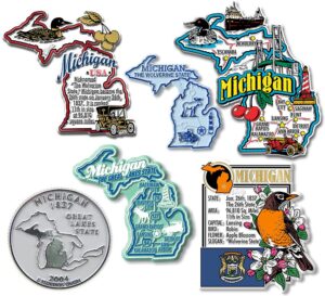 michigan six-piece state magnet set by classic magnets, includes 6 unique designs, collectible souvenirs made in the usa