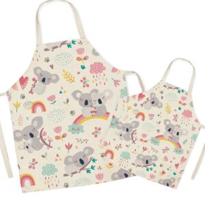 fomaiself linen parent and child cooking apron - cute koala pattern mum and kids apron, mummy son daughter aprons for cooking baking painting party