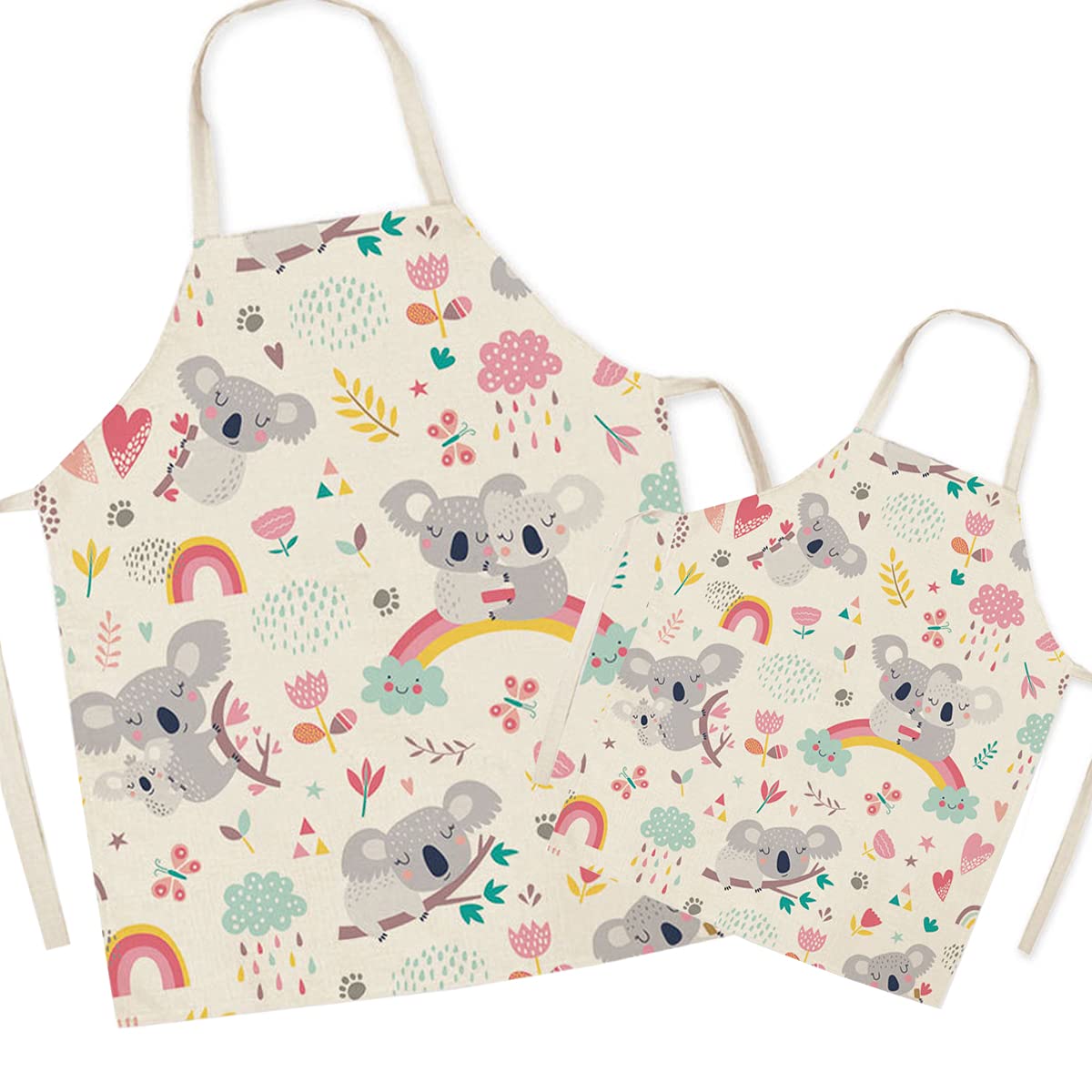 FOMAISELF Linen Parent and Child Cooking Apron - Cute Koala Pattern Mum and Kids Apron, Mummy Son Daughter Aprons for Cooking Baking Painting Party