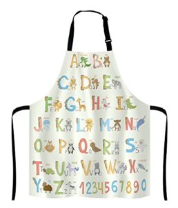 lefolen alphabet with cartoon animals bib apron with adjustable neck for men women,suitable for home kitchen cooking waitress chef grill bistro baking apron