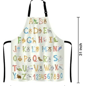 Lefolen Alphabet with Cartoon Animals Bib Apron with Adjustable Neck for Men Women,Suitable for Home Kitchen Cooking Waitress Chef Grill Bistro Baking Apron