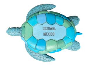 cozumel mexico souvenir hand painted resin refrigerator magnet sunset and green turtle design 3-inch approximately