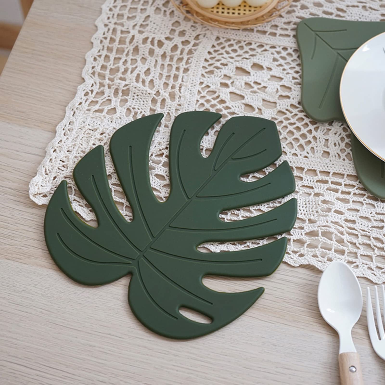 Silicone Trivet Mat Set of 2, Monstera Hot Pot Holder Hot Pads for Table and Countertop, Soft Rubber Multi-Use Trivets for Pots & Hot Dish, Non Slip Coasters (Large, Monstera)