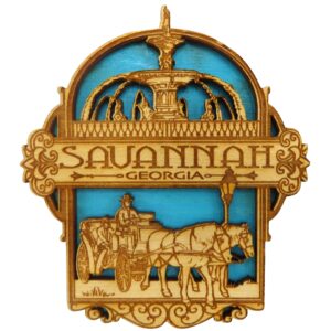 laser cut savannah georgia decorative souvenir magnet, hand carved wooden decoration for refrigerator, detailed décor for fridge, whiteboard, locker, and more. 3 in. by 2.75 in.