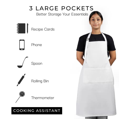 RAJRANG Chef Apron for Women Men with Pockets Cotton Kitchen Cooking Long Aprons White 35x27 Inches Pack of 5