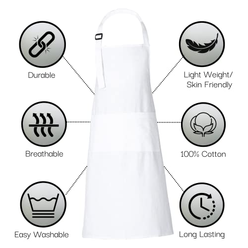 RAJRANG Chef Apron for Women Men with Pockets Cotton Kitchen Cooking Long Aprons White 35x27 Inches Pack of 5