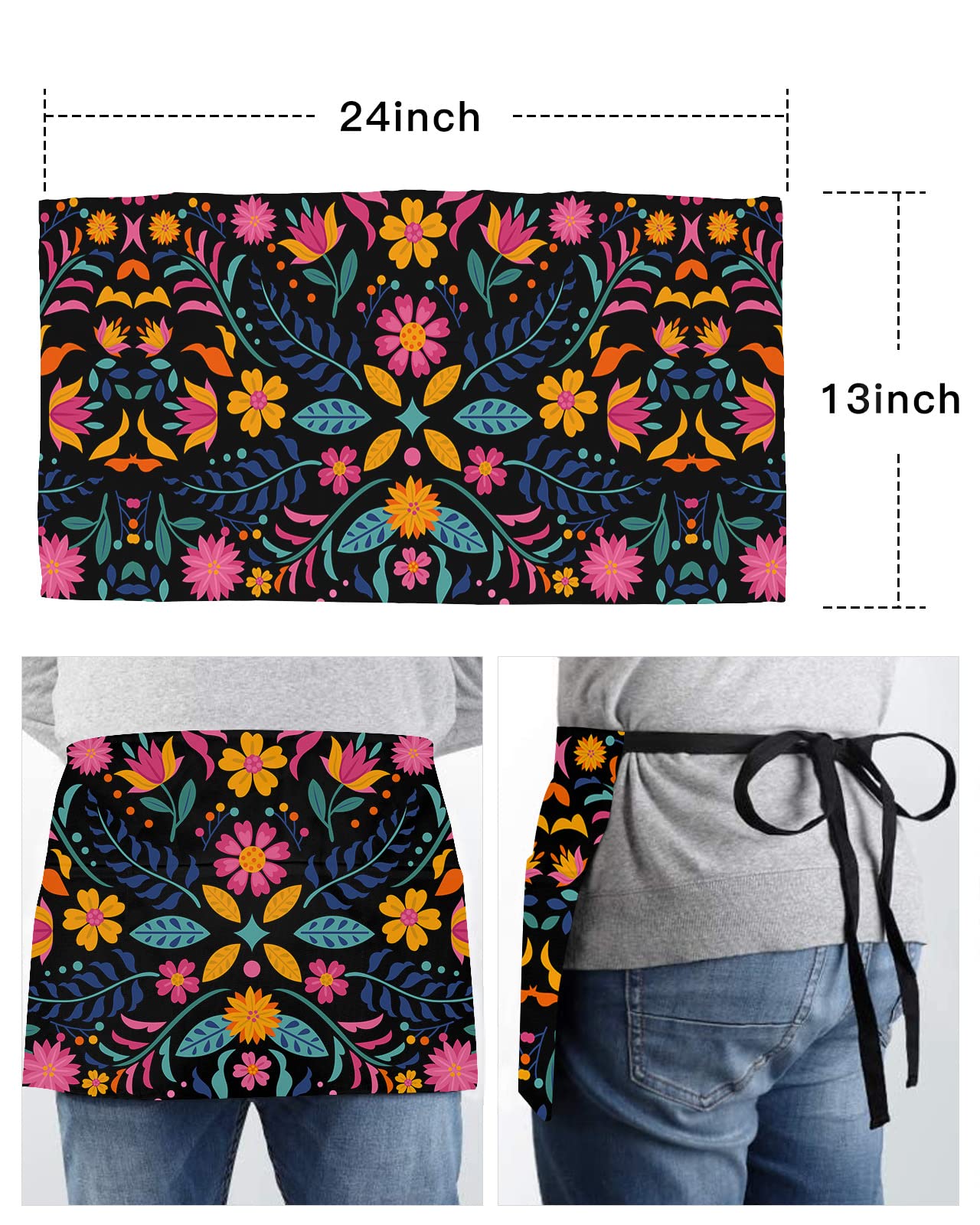 DecorLovee Mexican Colorful Floral Waitress Apron with 3 Pockets, Mexico Ethnic Classic Black Abstract Art Server Aprons Waterproof Kitchen Restaurant Half Waist Apron for Men Women