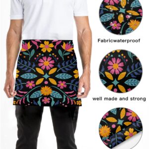 DecorLovee Mexican Colorful Floral Waitress Apron with 3 Pockets, Mexico Ethnic Classic Black Abstract Art Server Aprons Waterproof Kitchen Restaurant Half Waist Apron for Men Women