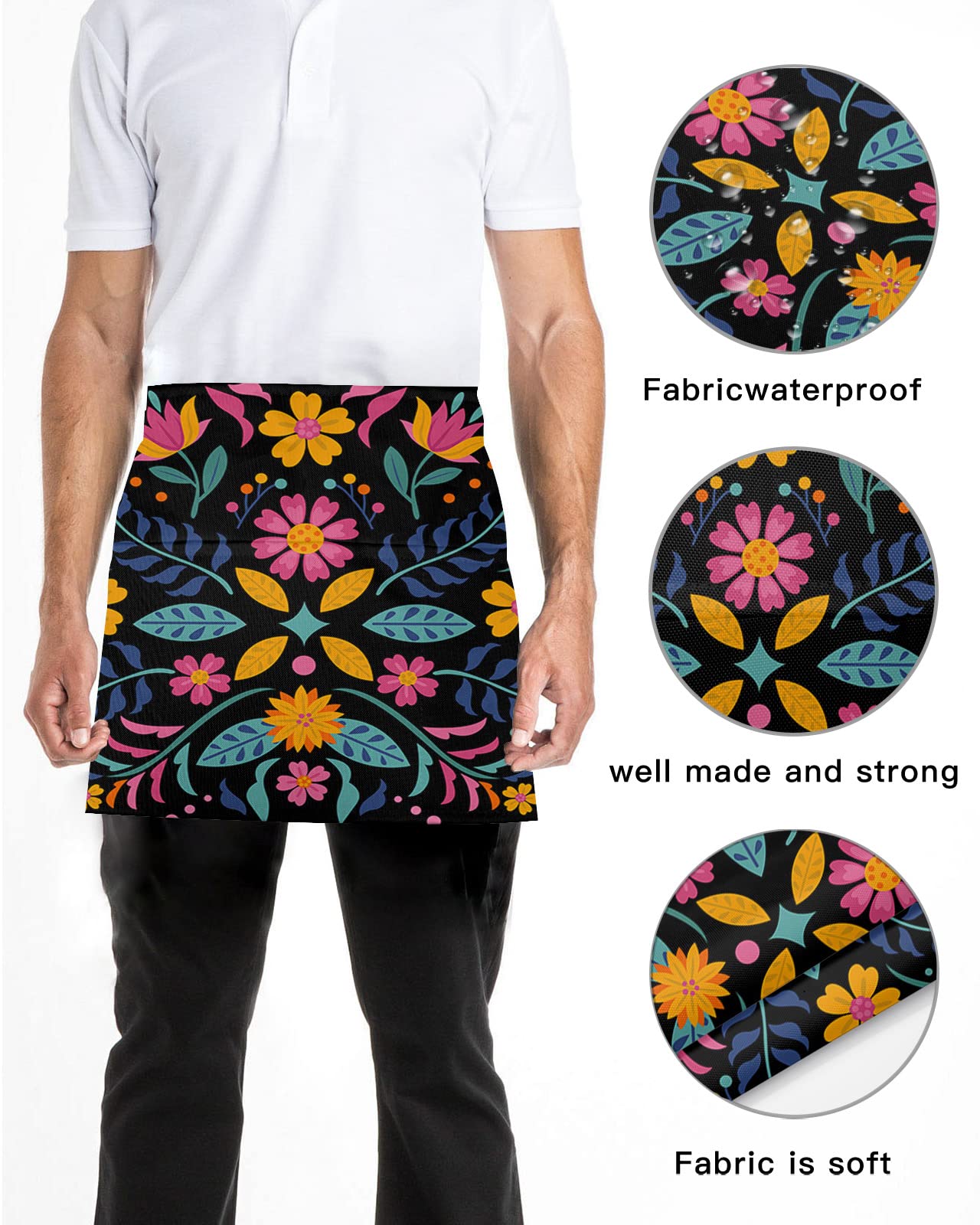 DecorLovee Mexican Colorful Floral Waitress Apron with 3 Pockets, Mexico Ethnic Classic Black Abstract Art Server Aprons Waterproof Kitchen Restaurant Half Waist Apron for Men Women