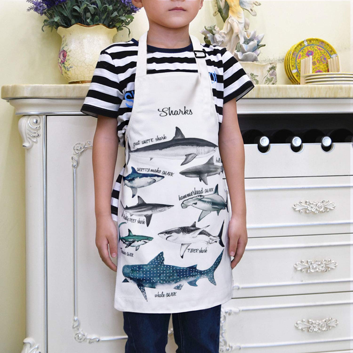 Claswcalor Sharks Apron- Kids Baking Apron-Waterproof Child Apron with Adjustable Neck for Party Cooking Gardening Painting Craft