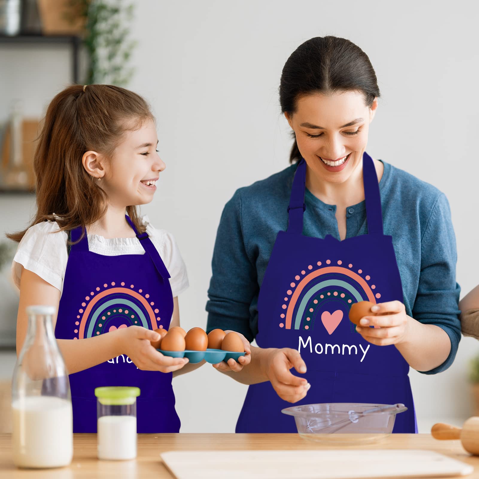 Party-rainday Customized 2 Pack Parent-Child Aprons, Matching Family Apron Set, Adjustable Father Son Mummy Daughter Cooking Apron, Rainbow Chef Bib Aprons with Pockets(Blue)