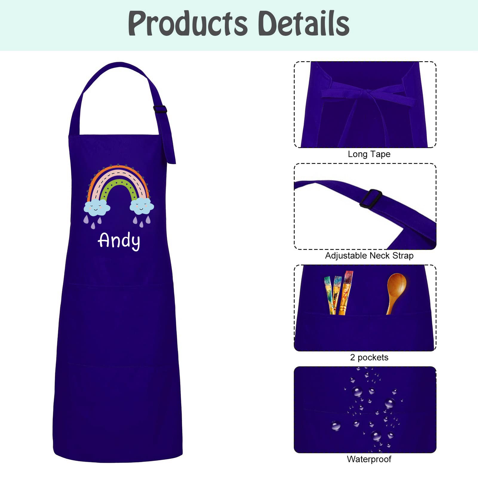 Party-rainday Customized 2 Pack Parent-Child Aprons, Matching Family Apron Set, Adjustable Father Son Mummy Daughter Cooking Apron, Rainbow Chef Bib Aprons with Pockets(Blue)