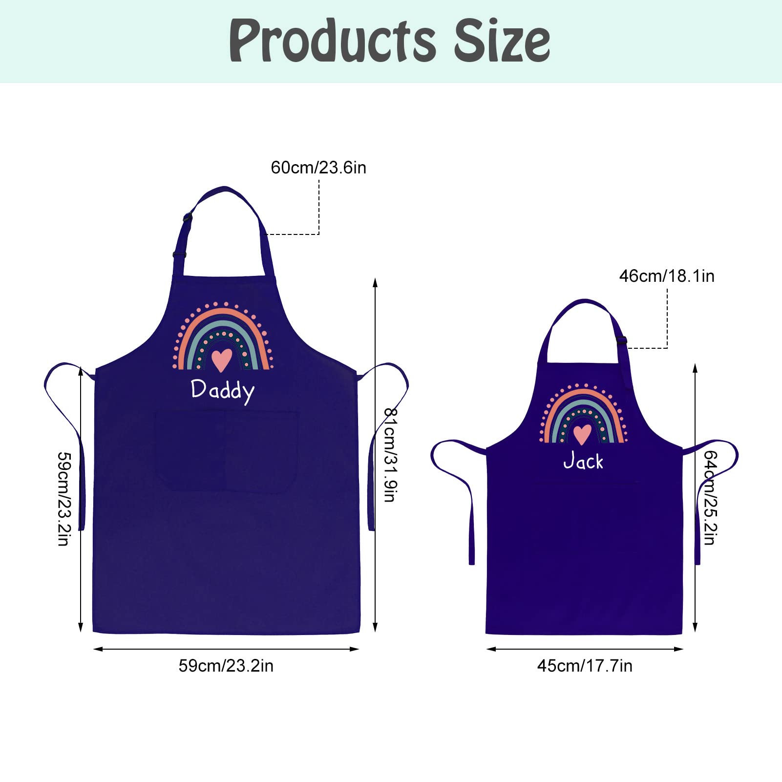 Party-rainday Customized 2 Pack Parent-Child Aprons, Matching Family Apron Set, Adjustable Father Son Mummy Daughter Cooking Apron, Rainbow Chef Bib Aprons with Pockets(Blue)