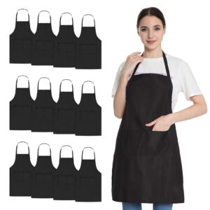hi loyaya bib black apron for women men adult chef, 12 pack kitchen aprons bulk with pockets for cooking baking painting (12, black)