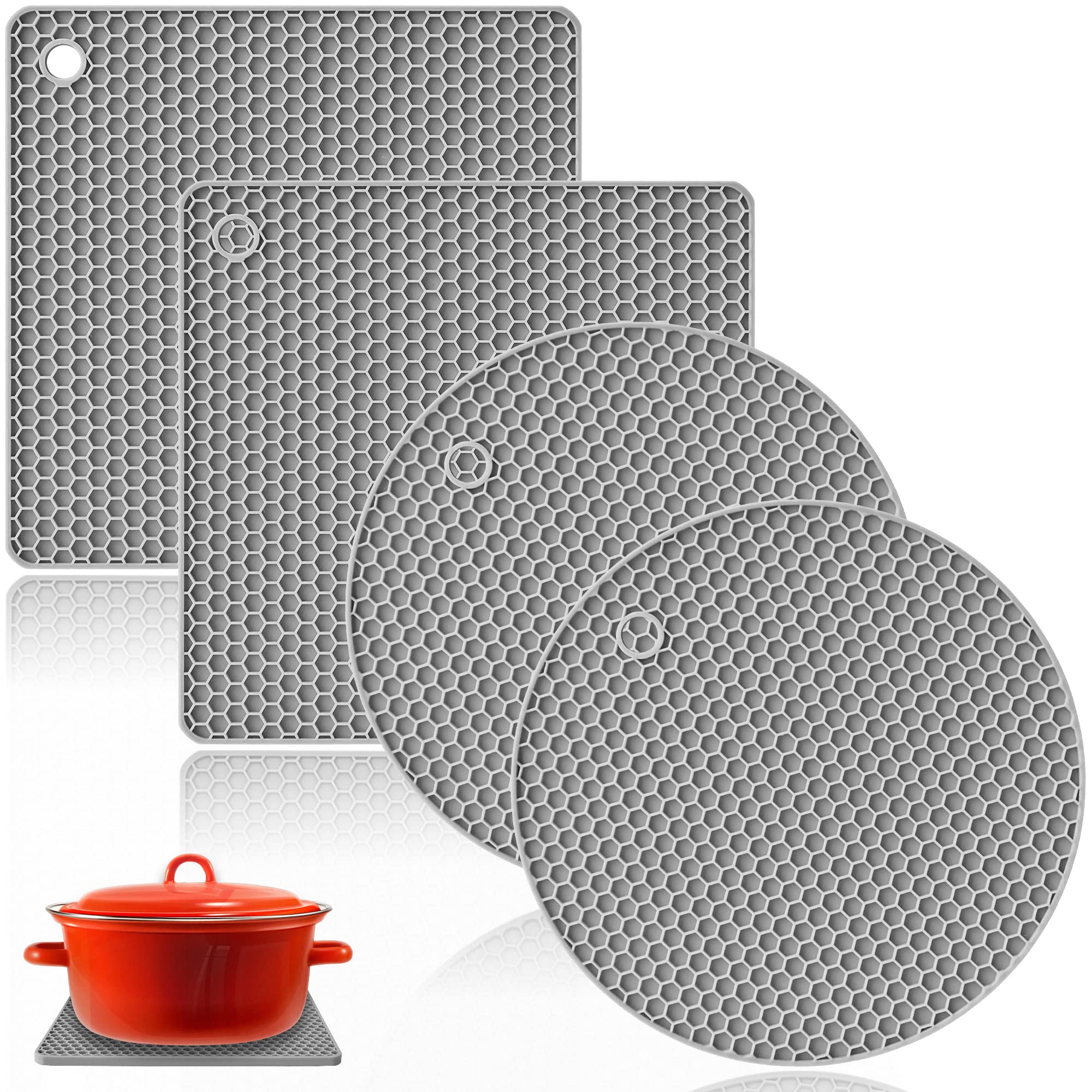 FELIBAY Silicone Trivet Flexible Pot Mats Non Slip Potholder Heat Resistant Kitchen Trivet Hot Pads, Multi Purpose Pot Holder Jar Opener Spoon Holder Oven Mitts (Grey)