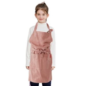 LeerKing Kids Linen Aprons with 2 Pockets Japanese Style Apron for Cooking, Baking, Painting