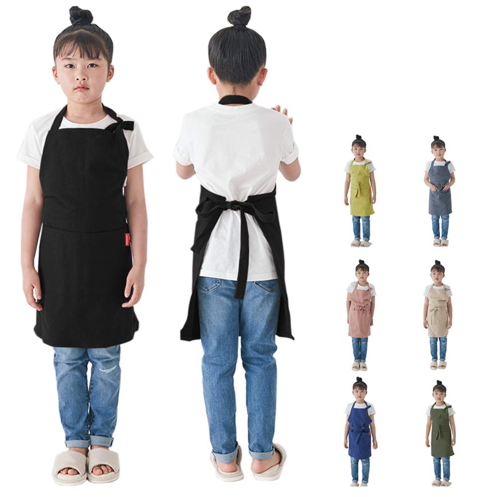 LeerKing Kids Linen Aprons with 2 Pockets Japanese Style Apron for Cooking, Baking, Painting