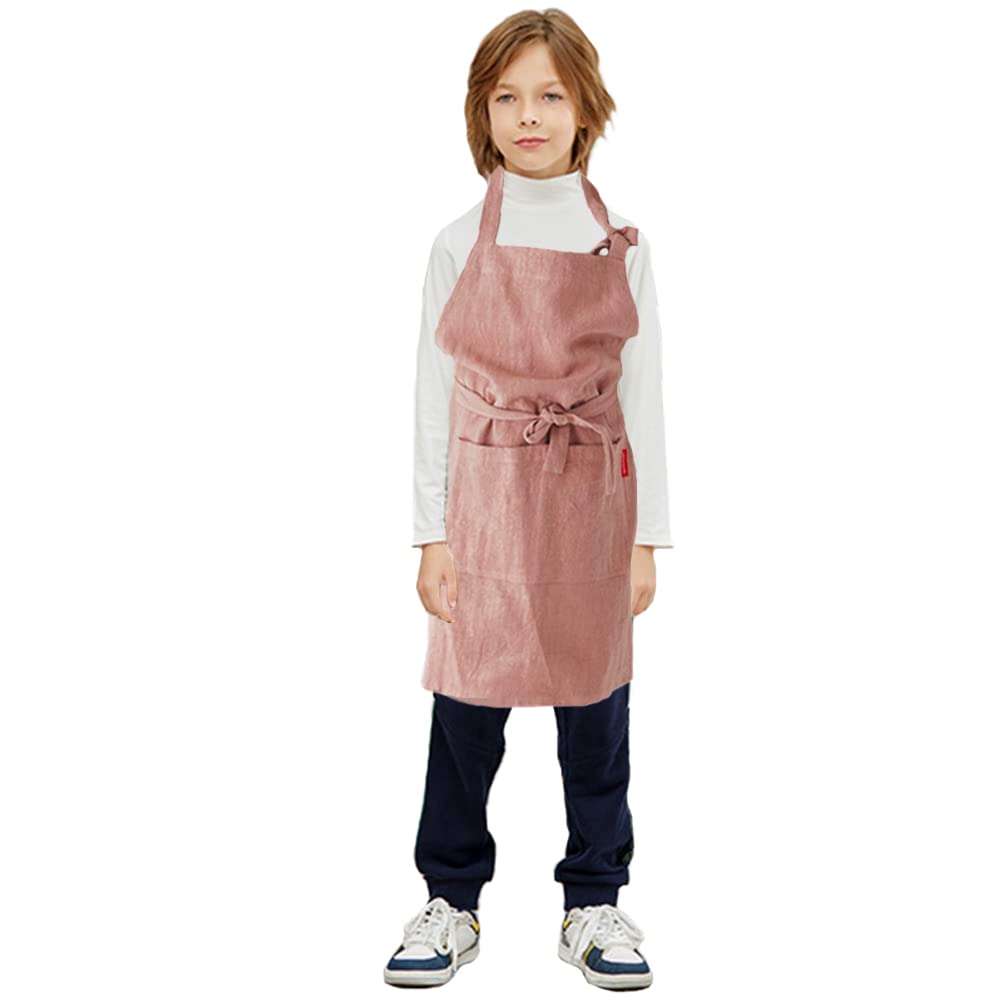 LeerKing Kids Linen Aprons with 2 Pockets Japanese Style Apron for Cooking, Baking, Painting