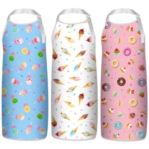 Hillban 3 Pack Candy Cone Donut Cake Aprons for Kids Girls Adjustable Polyester Cute Teen Girl Aprons with Pocket Kitchen Bib Children Aprons for Cooking Baking Painting Crafting Art Gardening