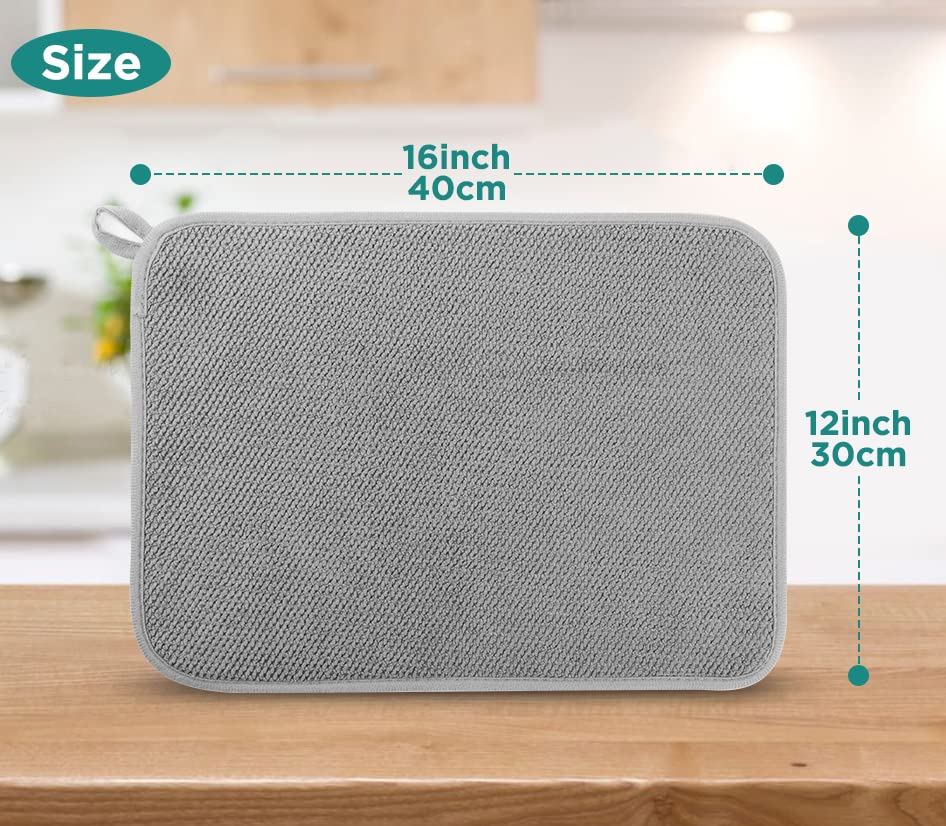 GeeRic Microfiber Dish Drying Mat, Super Absorbent Kitchen Dish Drying Pad, Reversible for Countertop, 12 * 16 inch Gray