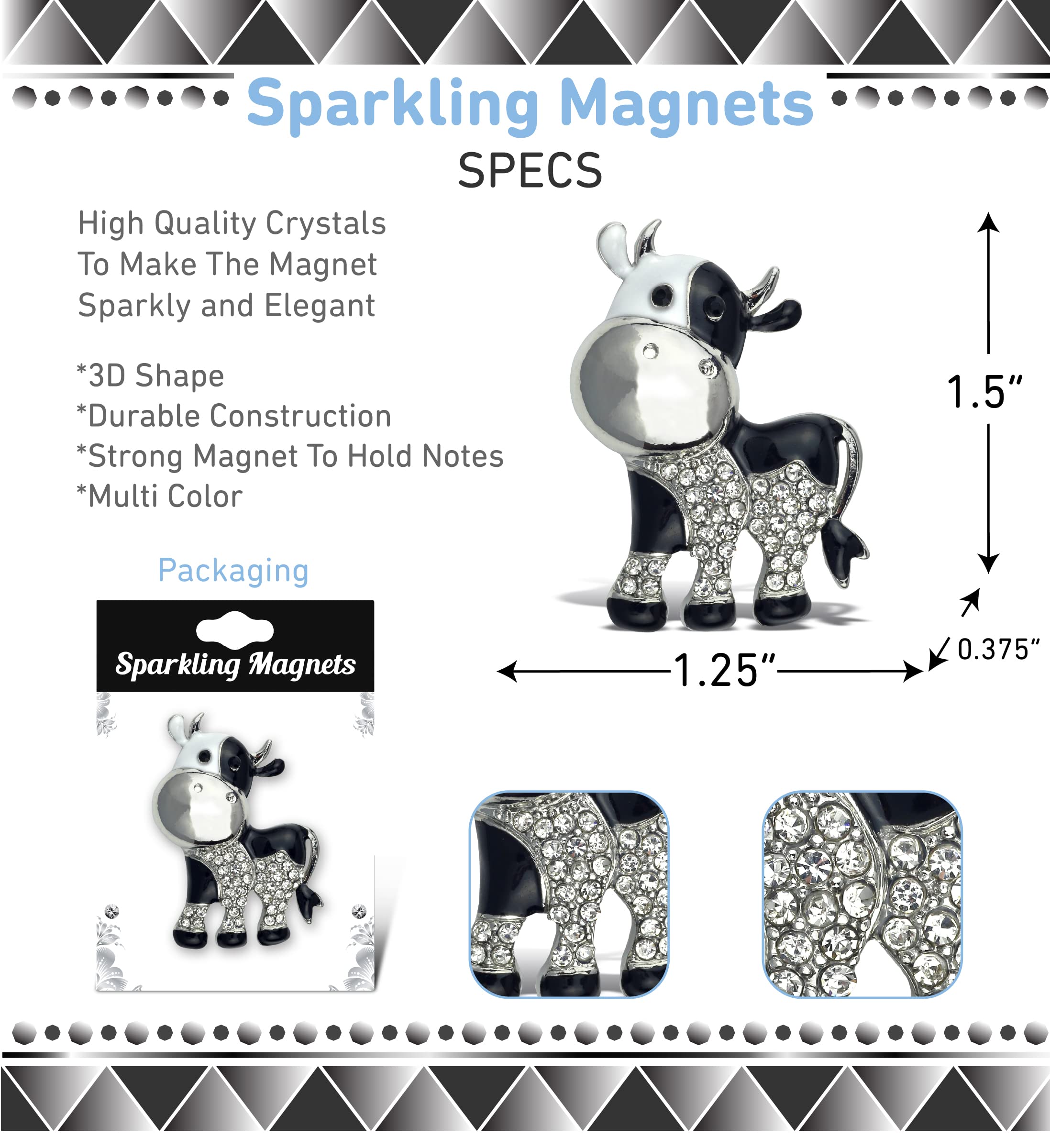 Aqua79 Cow Sparkling Refrigerator Magnet - Silver Sparkling Charm Rhinestones Crystals, Cute Sparkly Farm Animal Magnet for Kitchen Door Fridge, Cool Home and Office Novelty Decor - 1.5 Inches