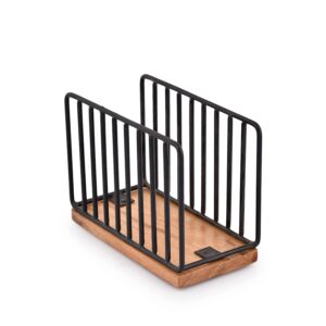 edhas black iron wire tabletop upright napkin holder with mango wood base for kitchen dinner table, countertop (6" x 3" x 4.5")