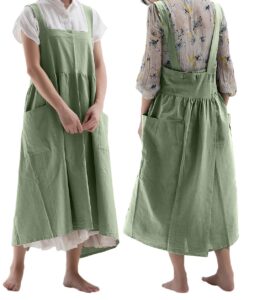 losofar cotton linen square dress overalls kitchen gardening solid color apron flower shop smock (green, 92cmx110cm)