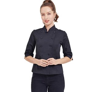 women's lovely chef coat lightweight slim chef jacket 3/4 sleeve kitchen chef uniform black