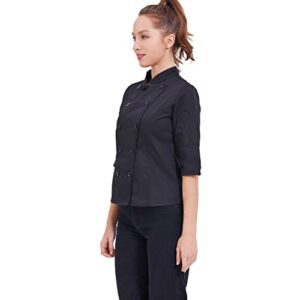 Women's Lovely Chef Coat Lightweight Slim Chef Jacket 3/4 Sleeve Kitchen Chef Uniform Black