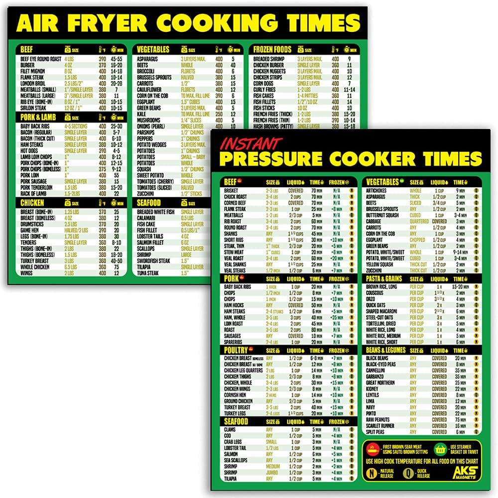 Air Fryer Cooking Times and Instant Pot Magnetic Cheat Sheet Combination Bundle - Extra Large Easy to Read 11” x 8.5” Reference Guides for Air Frying and Instant Pot Pressure Cooking