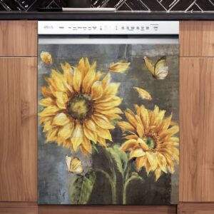majo farmhouse sunflower magnet dishwasher cover farm kitchen decor, painting sunflower butterfly magnetic refrigerator panel decal, sunflower art fridge decal (23" x 26"magnetic)