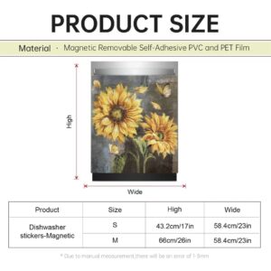 MAJO Farmhouse Sunflower Magnet Dishwasher Cover Farm Kitchen Decor, Painting Sunflower Butterfly Magnetic Refrigerator Panel Decal, Sunflower Art Fridge Decal (23" x 26"Magnetic)