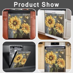 MAJO Farmhouse Sunflower Magnet Dishwasher Cover Farm Kitchen Decor, Painting Sunflower Butterfly Magnetic Refrigerator Panel Decal, Sunflower Art Fridge Decal (23" x 26"Magnetic)