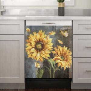 MAJO Farmhouse Sunflower Magnet Dishwasher Cover Farm Kitchen Decor, Painting Sunflower Butterfly Magnetic Refrigerator Panel Decal, Sunflower Art Fridge Decal (23" x 26"Magnetic)