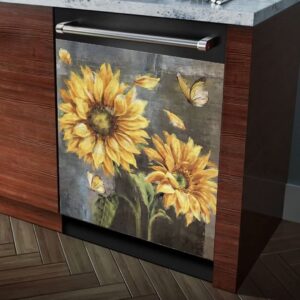 MAJO Farmhouse Sunflower Magnet Dishwasher Cover Farm Kitchen Decor, Painting Sunflower Butterfly Magnetic Refrigerator Panel Decal, Sunflower Art Fridge Decal (23" x 26"Magnetic)