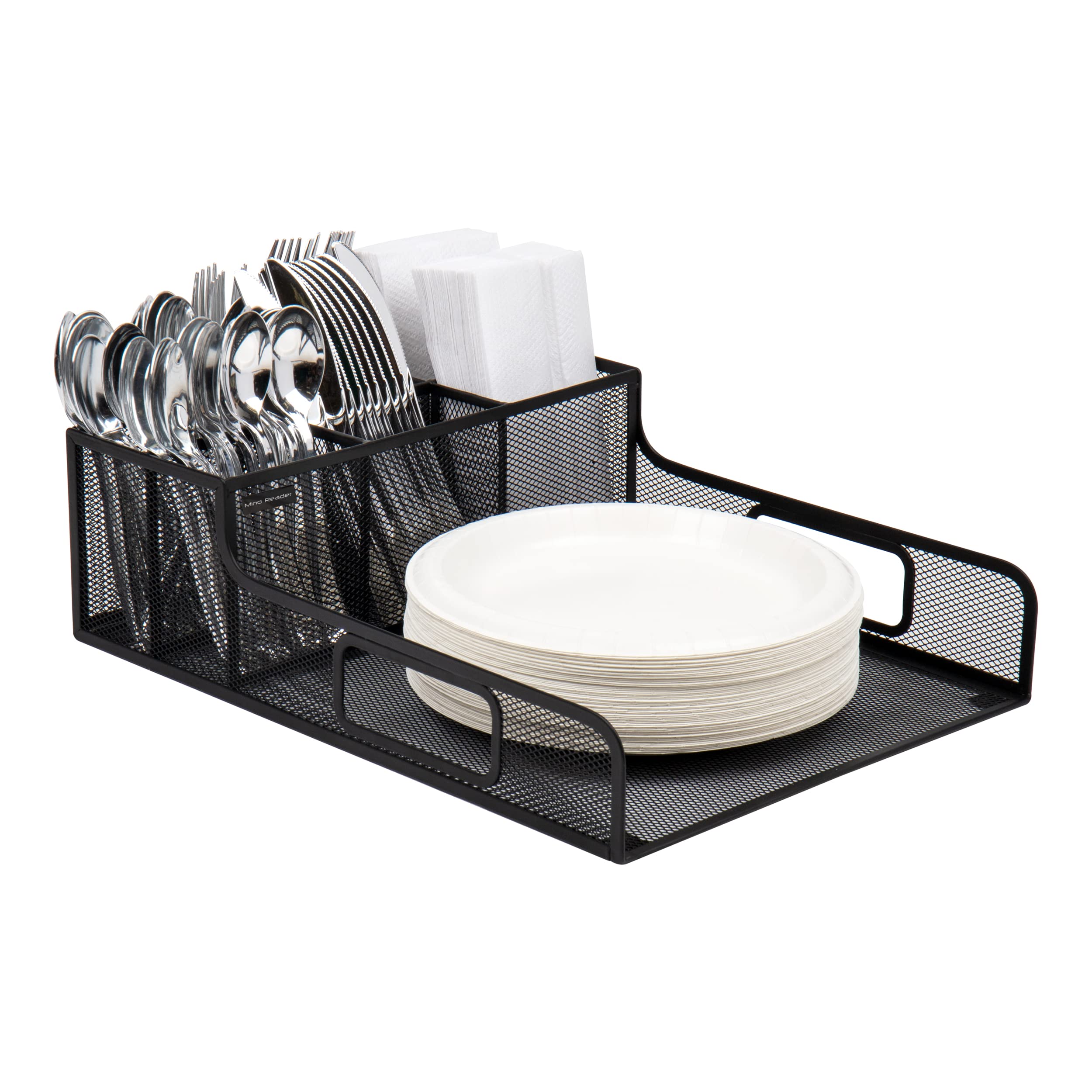 Mind Reader Utensil Napkin & Plate Holder, Silverware Organizer, Serving Tray, Metal Mesh, 11.5"L x 14.75"W x 5.5"H, Black