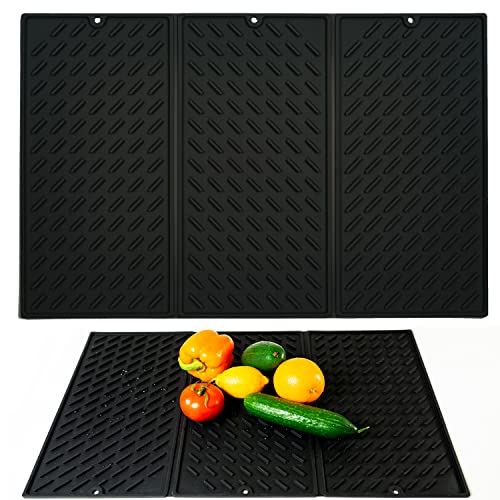 Foldable Dish Drying Mats for Kitchen Counter 16x24 - Non Slip Silicone Mat Black - Trifold Dish Mat Drying Kitchen Mat - Silicone Heat Resistant Mat - Silicone Dish Drying Mat