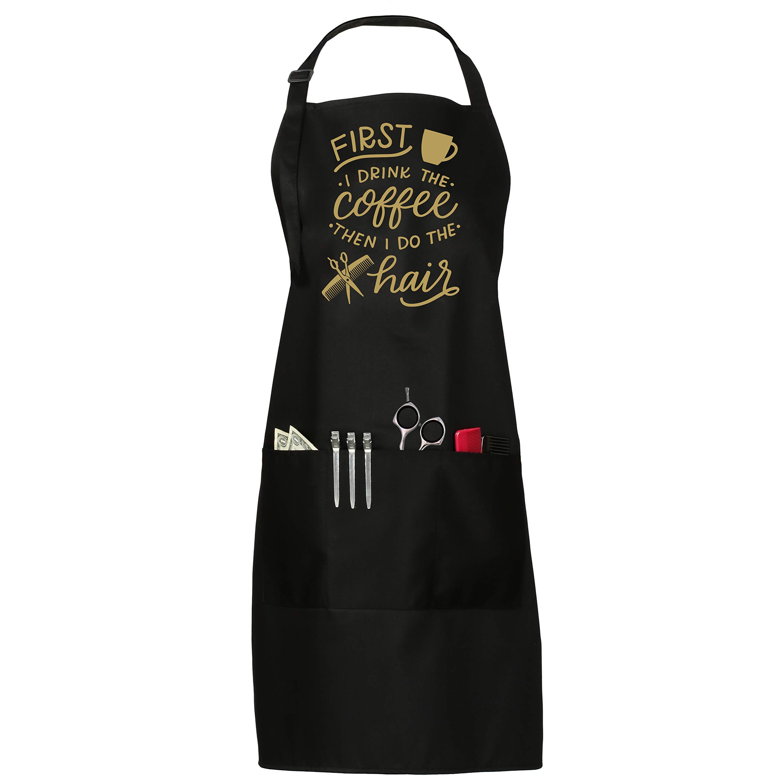 Plum Hill Funny Hair Stylist Apron for Women - First I Drink the Coffee - Salon Apron for Hair Stylists - Hairdresser Apron Smock Cosmetology Barber Apron Hairstylist Supplies