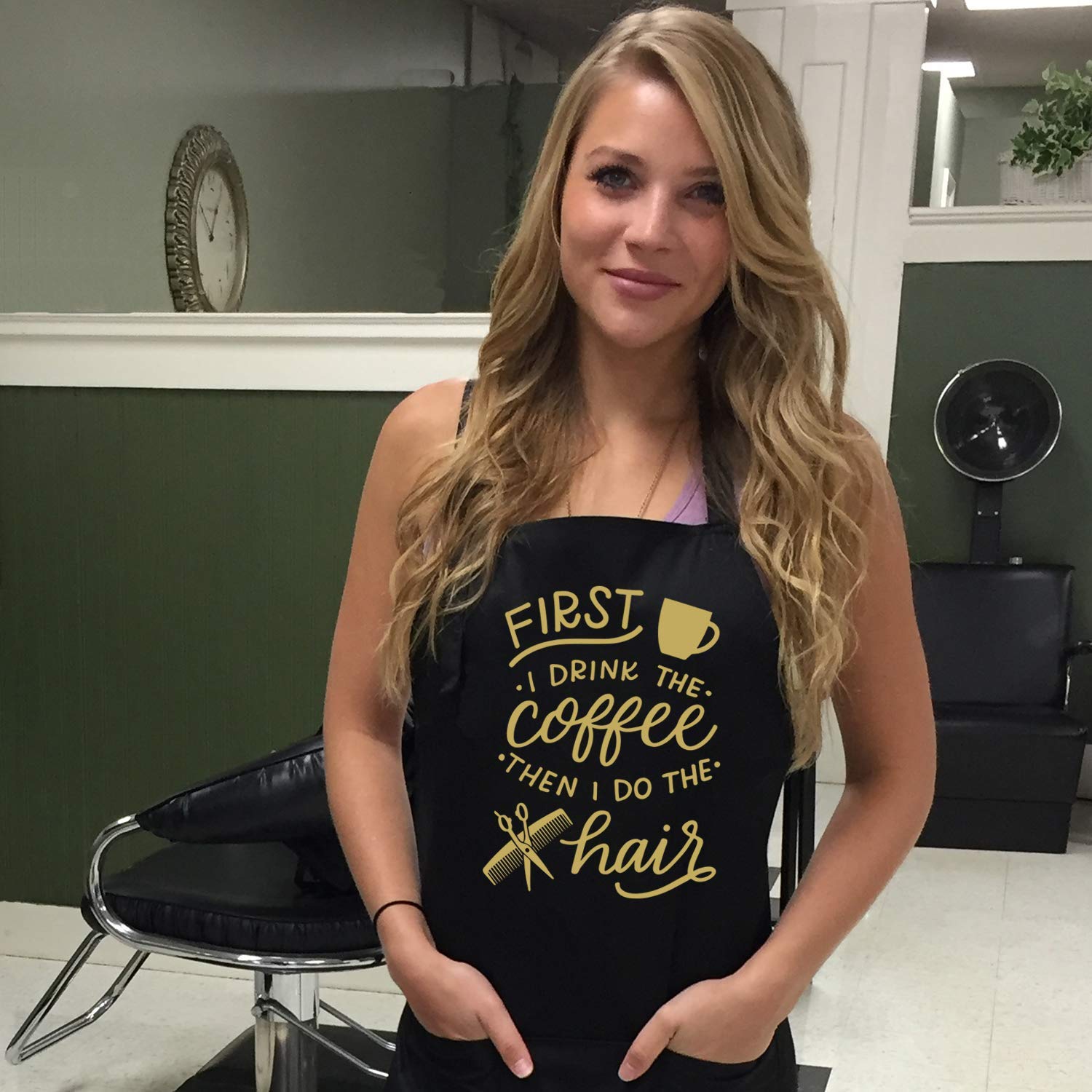 Plum Hill Funny Hair Stylist Apron for Women - First I Drink the Coffee - Salon Apron for Hair Stylists - Hairdresser Apron Smock Cosmetology Barber Apron Hairstylist Supplies