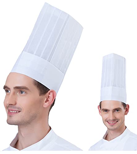 Hyzrz 20 Pack Disposable Non-Woven Paper Fiber Chef Hats for Kids, Child, Adults, Adjustable Unisex White Kitchen Caps Bulk Set (Flat, Tall)