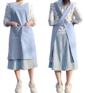 cotton cross back aprons solid color cook kitchen garden square smock for women girls with pockets (blue, 37wx 32l)