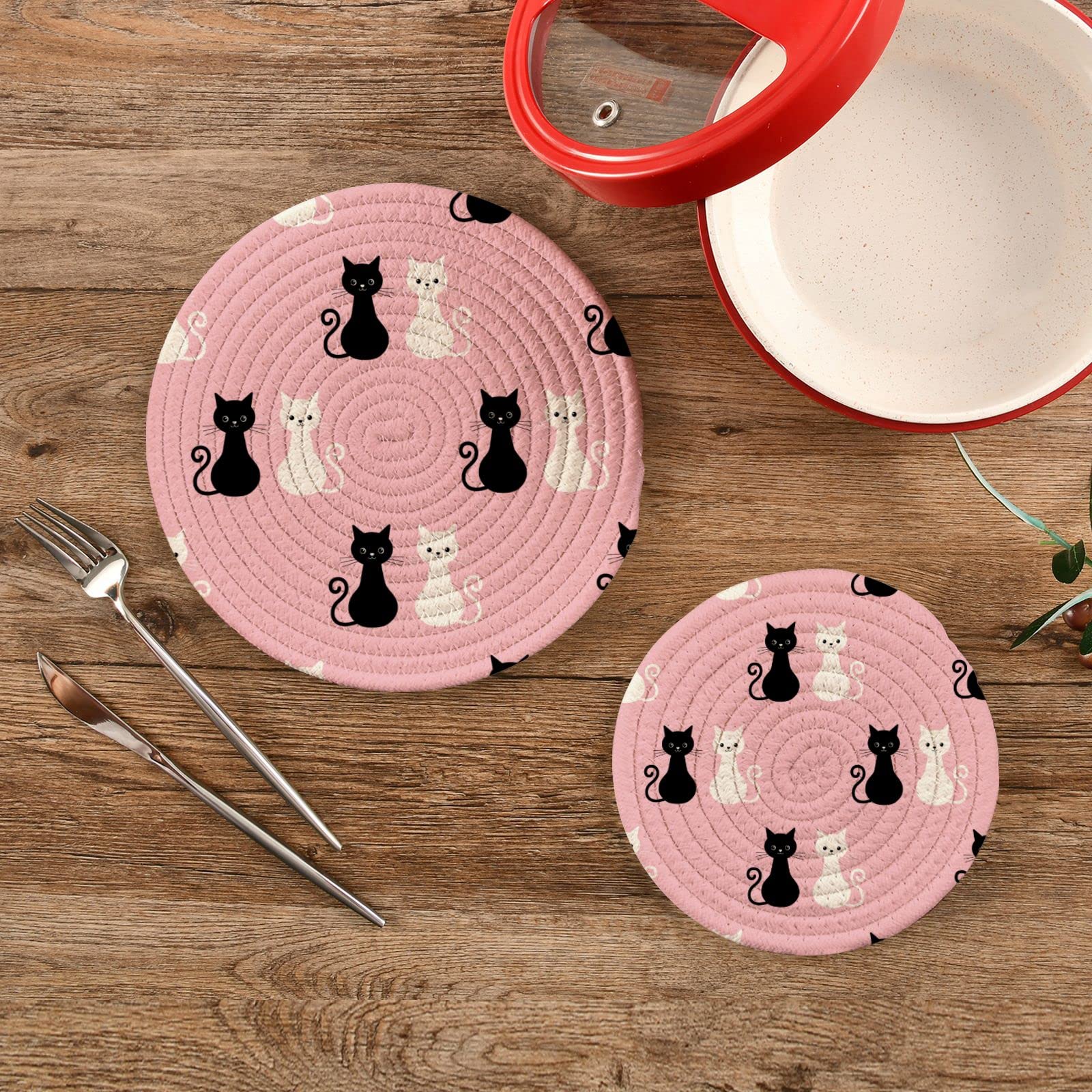 Black and White Cats Trivets for Hot Pots Dishes Heat Resistant,Kitten Pans Hot Mats Pads for Kitchen Decorative Counter Tops Dining Washable Pot Holder Coasters Set,Gift for Mom