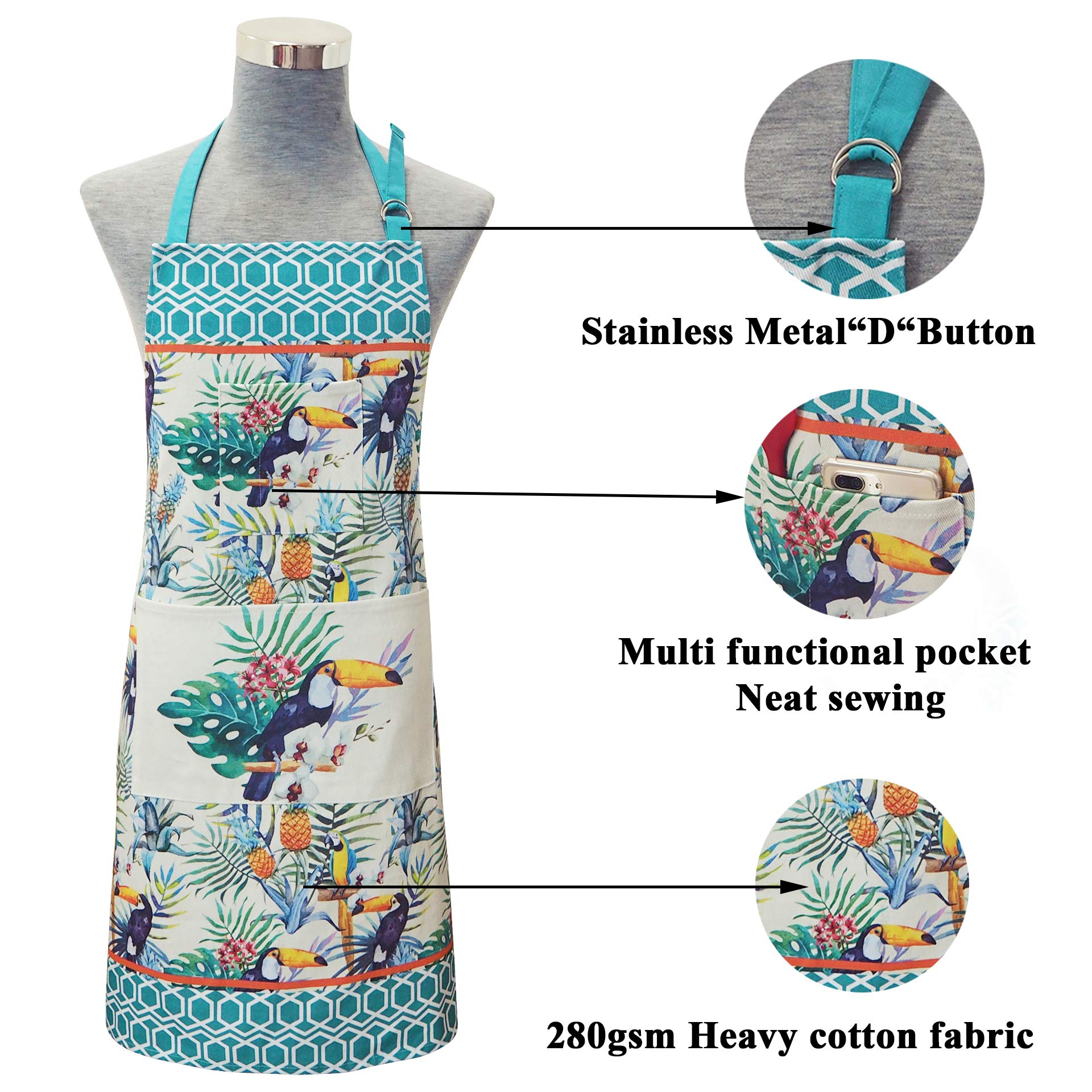 RED LMLDETA Adjustable Neck Strap Bib Apron 3 Pockets Extra Long Ties 100% Cotton Bird Printing Kitchen Men Women Chef Waiters Cooking Baking Barbecue BBQ Crafting Garden Christmas Gift (Bird flower)