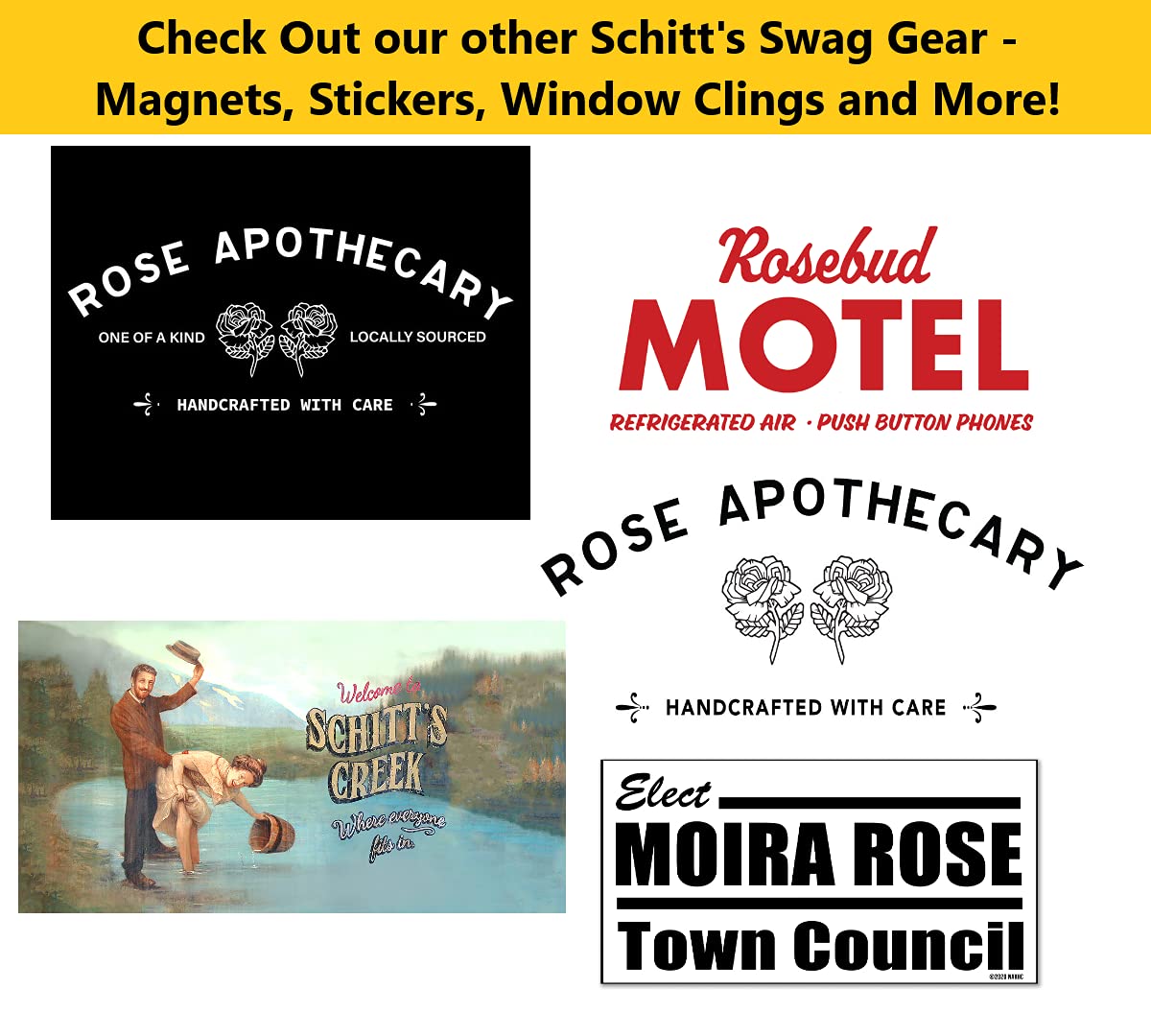 Schitt Swag Creek Small Magnet - Rosebud Hotel Logo - 2.7" by 1`.4" - David, Alexis, Johnny & Moira - Perfect for The Refrigerator, Dorm, Garage, Locker, Vehicle and More! (Small 2.7" by 1.4")